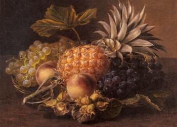 約翰 勞倫茨 延森 Grapes a Pineapple Peaches and Hazelnuts In A Basket